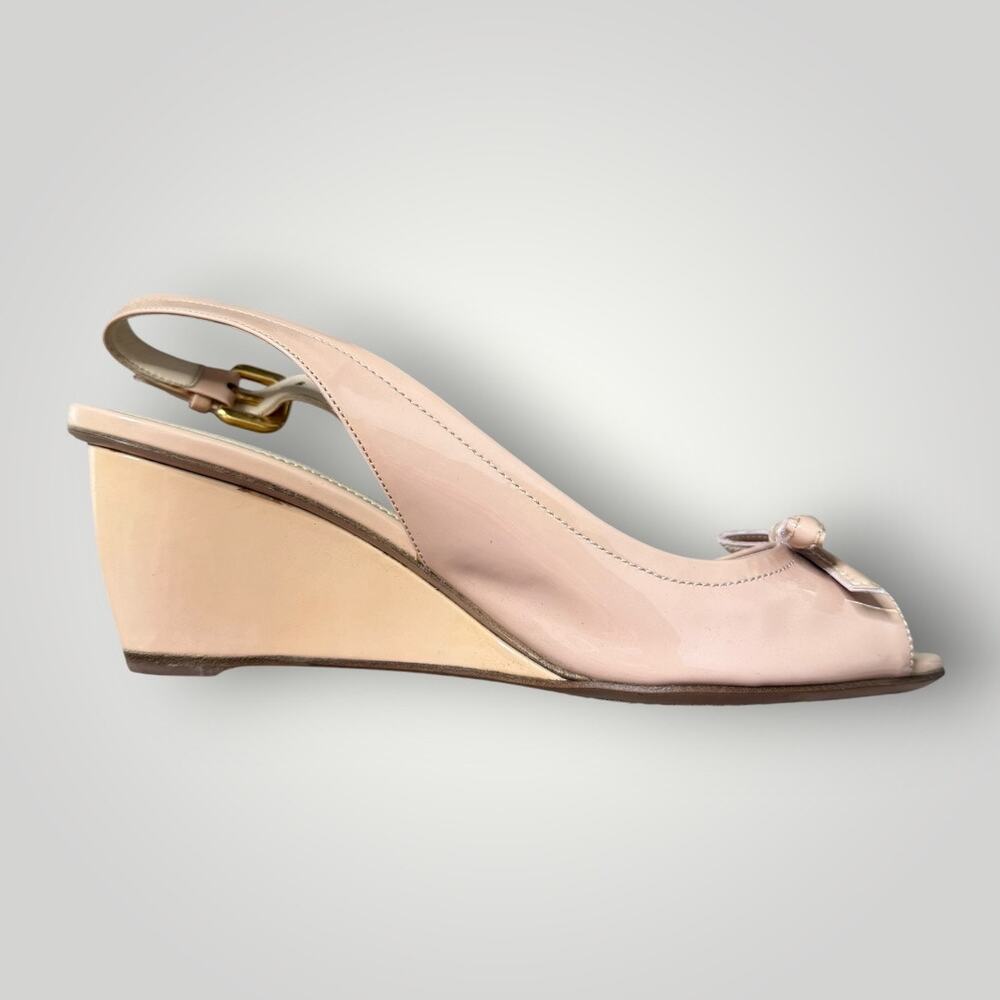Prada Patent Leather Slingback Wedge Sandals Bow Peep Toe Nude Pink Size 37.5 - Picture 4 of 16